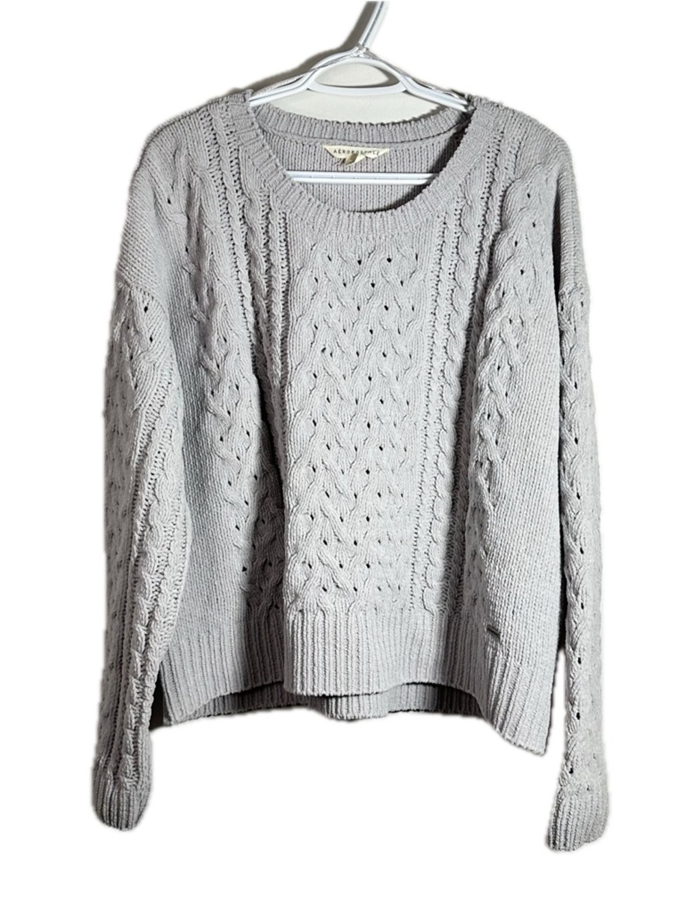 Aeropostale Fisherman Crew Crop Sweater Cable Knit Long Sleeve Light Grey Large